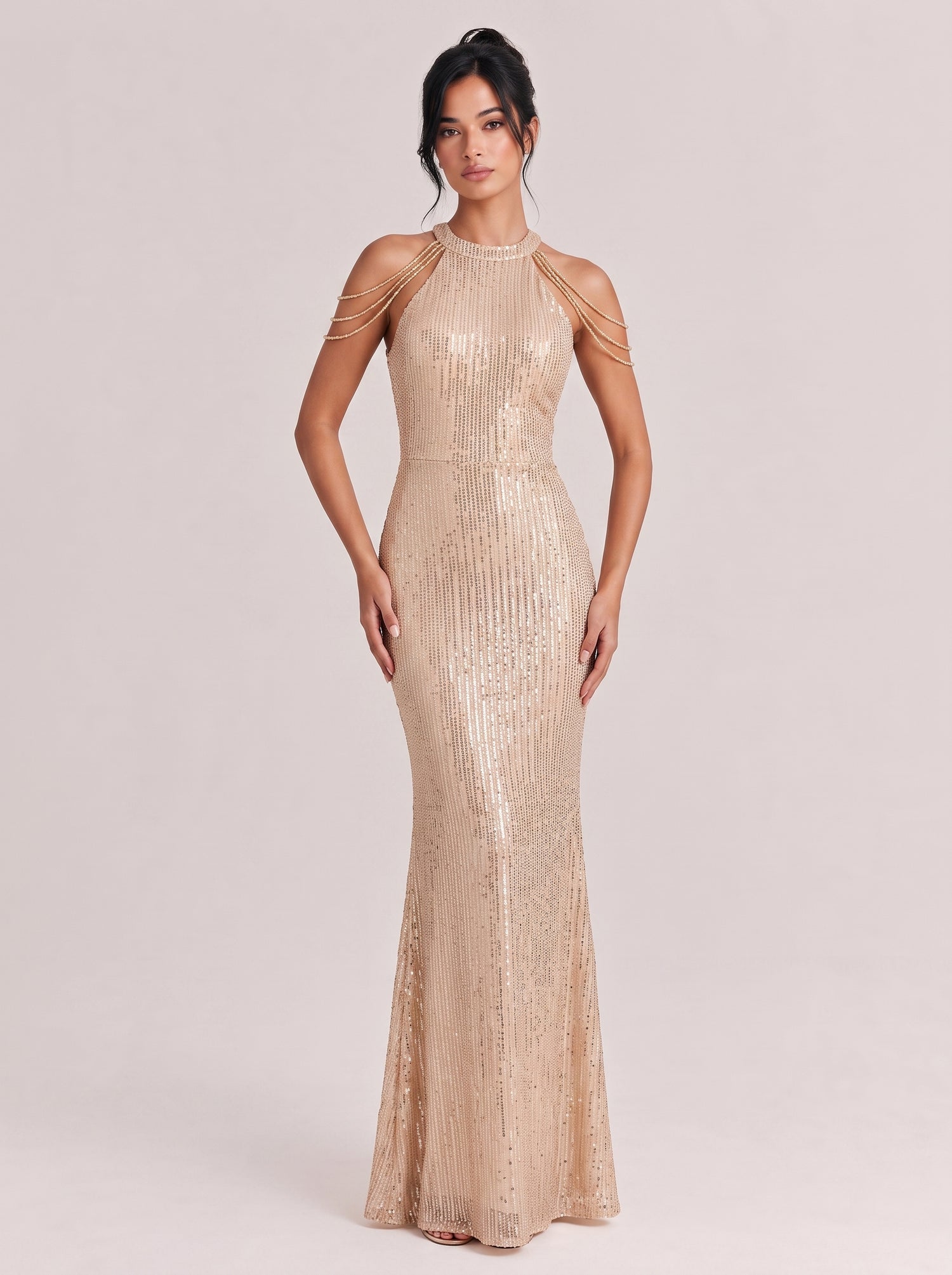 Neck-Neck Tassel Shoulder Sequins Slim-Fit Fishtail Long Evening Gown