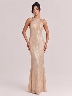 Neck-Neck Tassel Shoulder Sequins Slim-Fit Fishtail Long Evening Gown