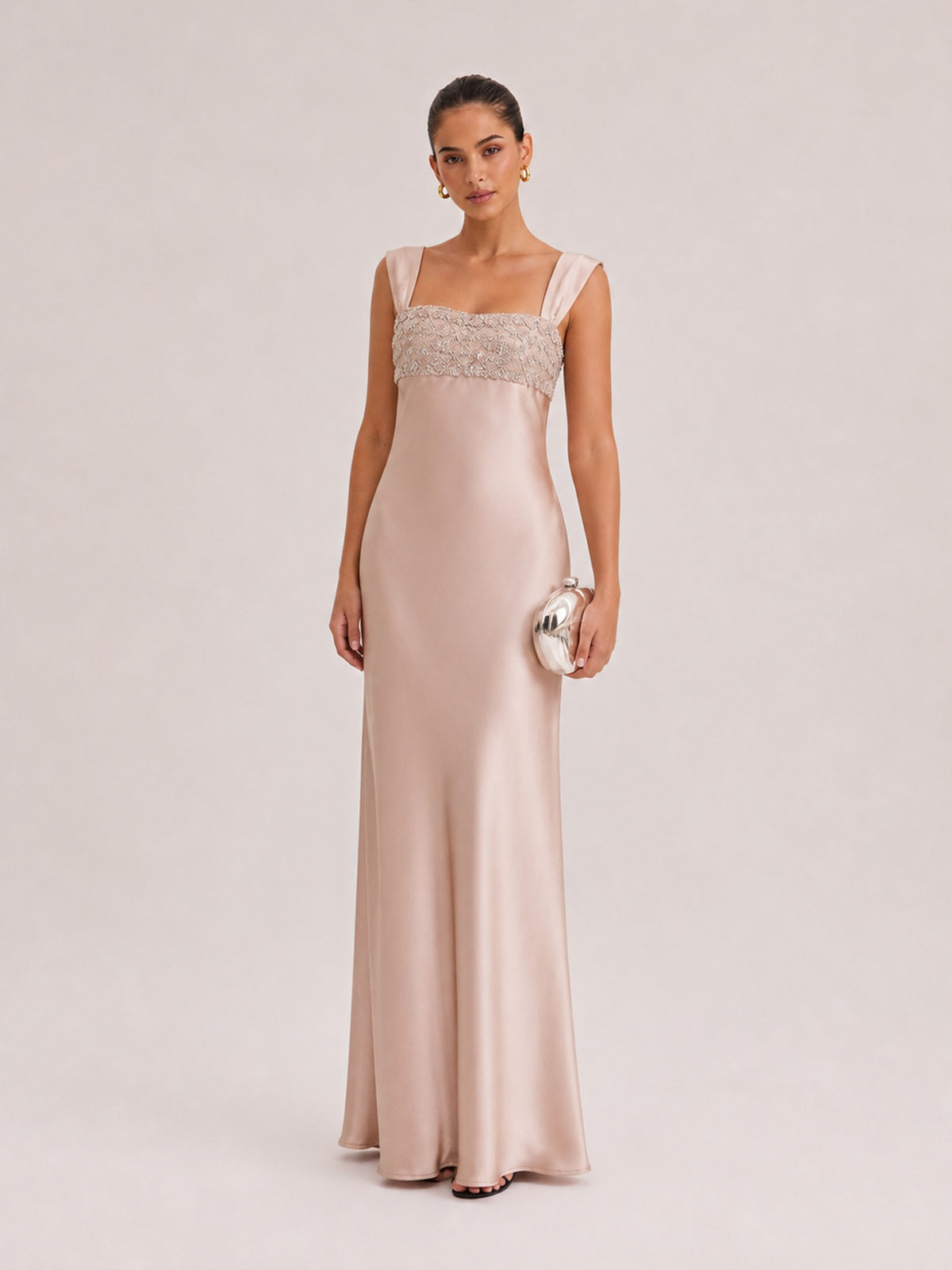 Champagne Pink Satin Asymmetrical Shoulder Maxi Dress With Crystal Embellished Bust