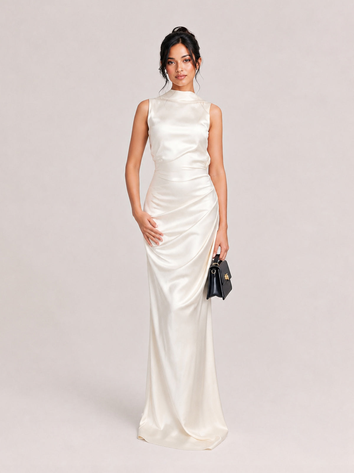 Matte Satin High-Neck Halter Backless Maxi Dress With Crisscross Straps