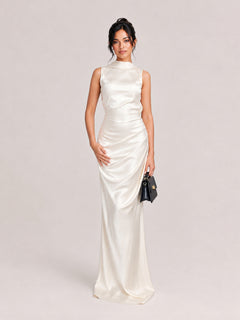 Matte Satin High-Neck Halter Backless Maxi Dress With Crisscross Straps