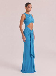 Hanging Neck Hollow Waist Side Twisted Pleated Slim-fit Holiday Long Dress