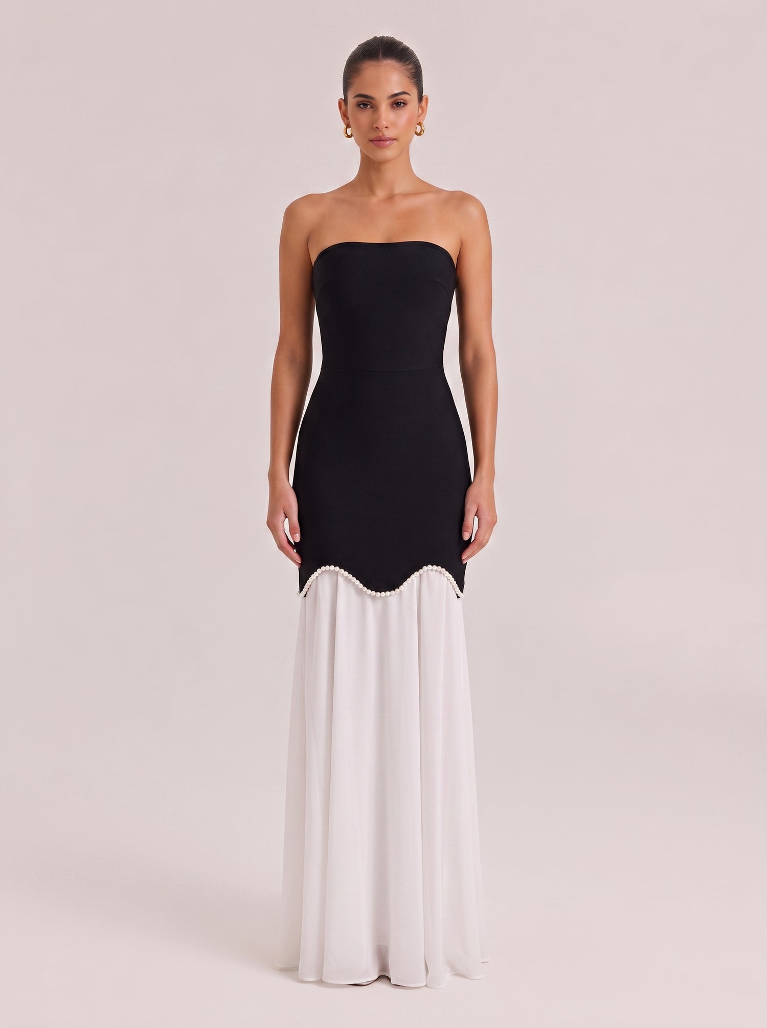 Elegant Black & White Strapless Mermaid Gown With Pearl Trim & Sheer Skirt
