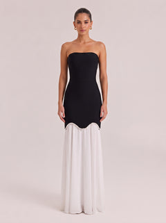 Elegant Black & White Strapless Mermaid Gown With Pearl Trim & Sheer Skirt