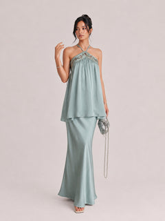 Elegant Satin Halter Neck Maxi Dress With Embellished Bodice