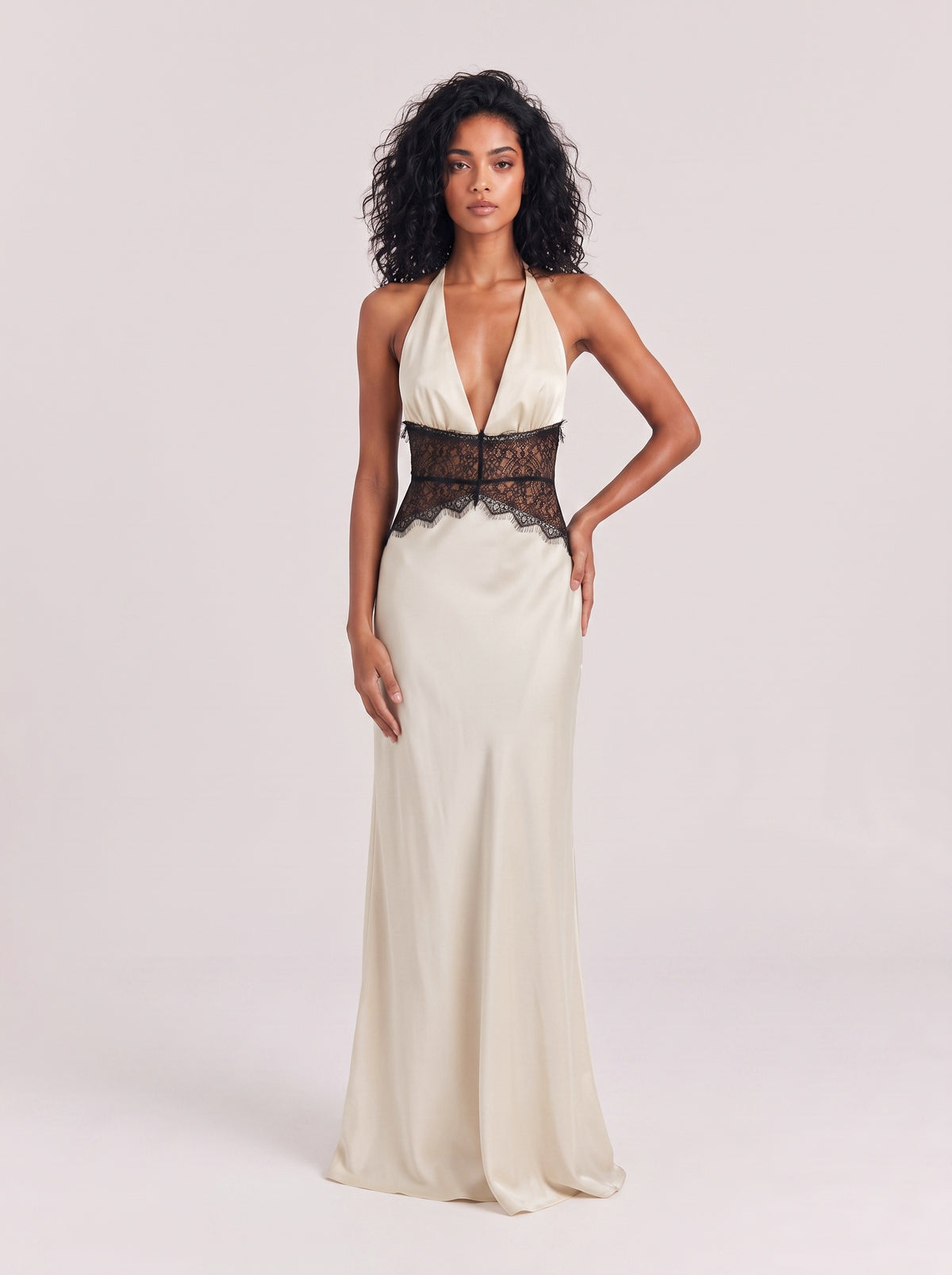 Satin Neck Deep V Black Lace Waist Stitching Slim-fit Long Dress