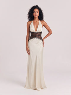 Satin Neck Deep V Black Lace Waist Stitching Slim-fit Long Dress