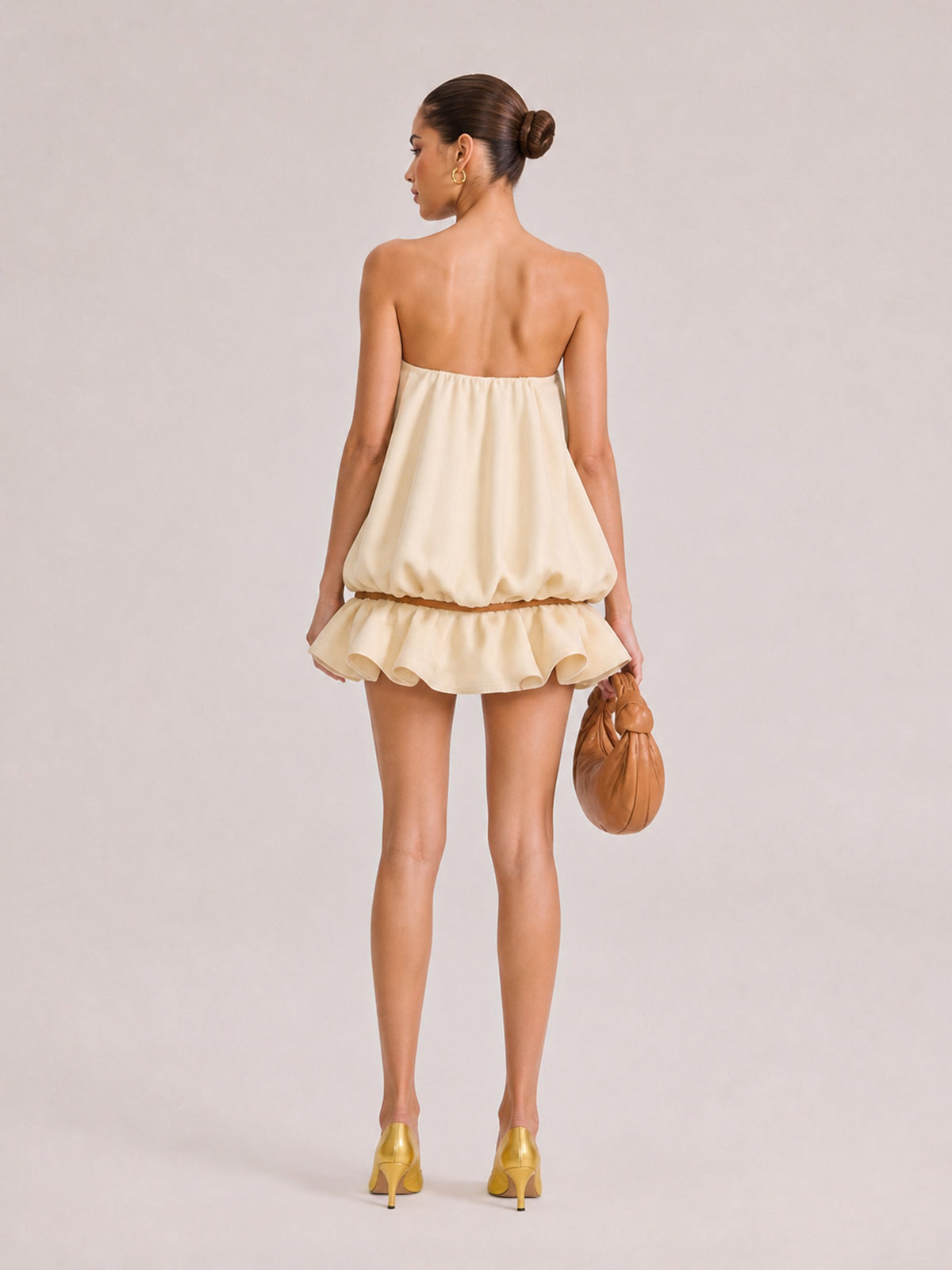 Beige Strapless Notched Collar Waisted Ruffled Loose Short Bud Dress