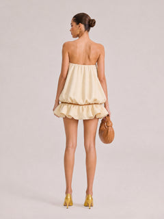 Beige Strapless Notched Collar Waisted Ruffled Loose Short Bud Dress