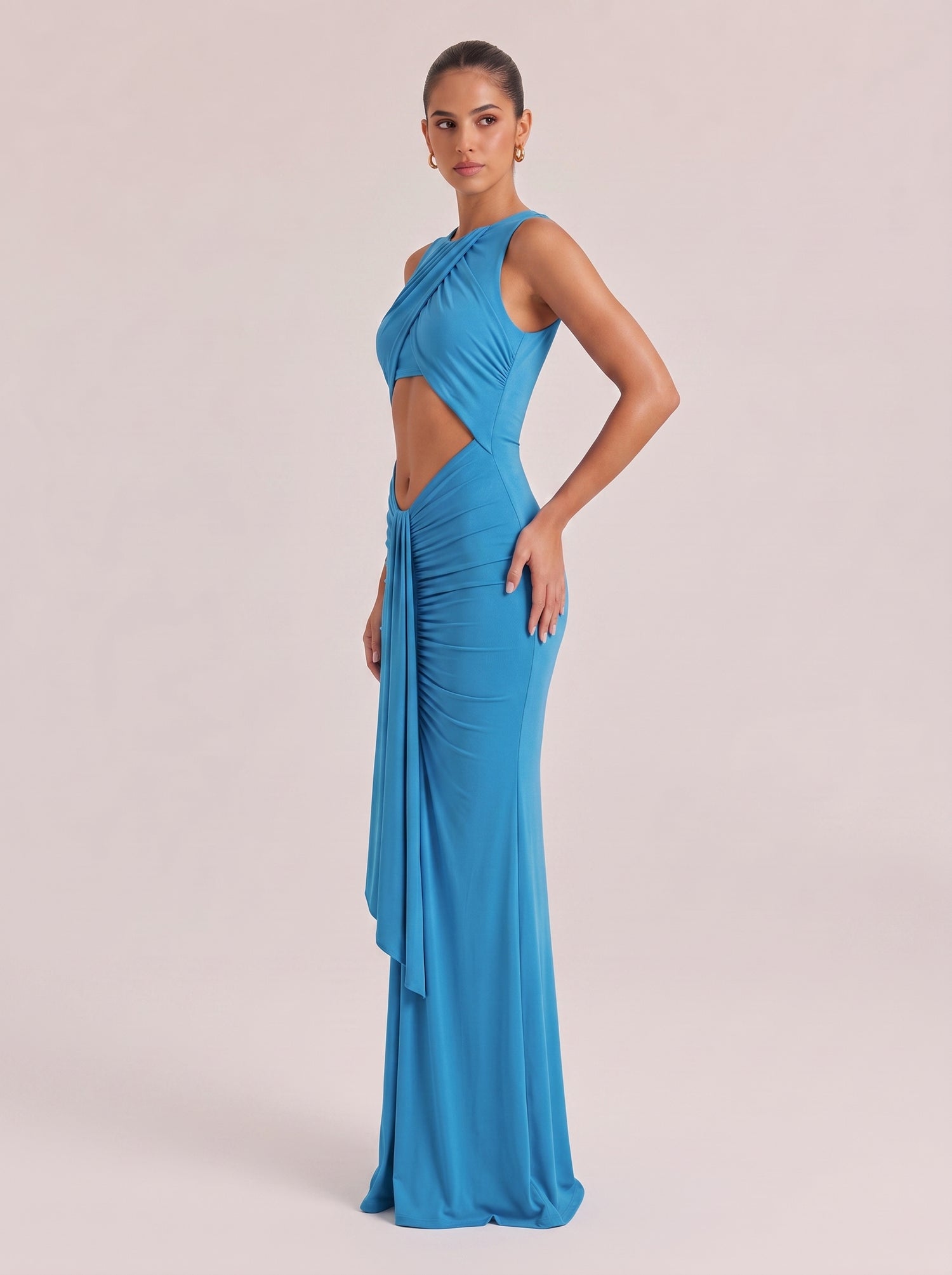 Hanging Neck Hollow Waist Side Twisted Pleated Slim-fit Holiday Long Dress