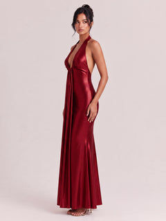 Deep V-Neck Pleated Satin Slim-Fit Fishtail Long Dress