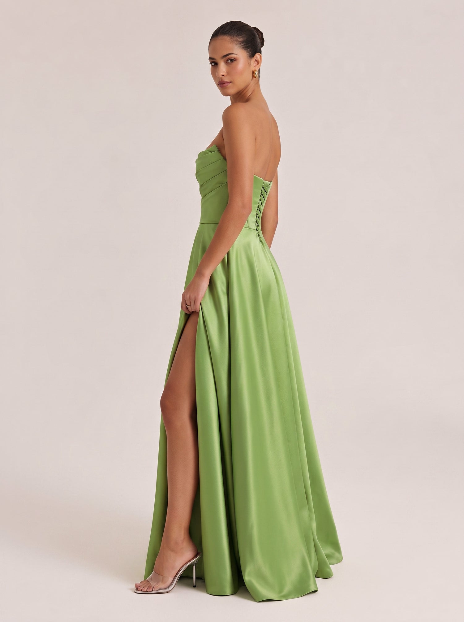 Strapless Pleated High-Waist Split Satin Long Evening Gown