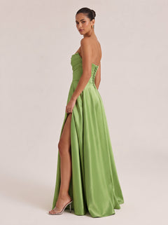 Strapless Pleated High-Waist Split Satin Long Evening Gown