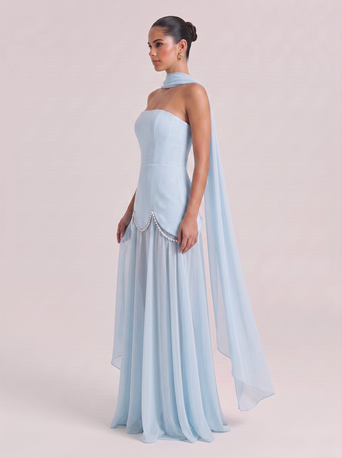 Strapless Shoulder Satin Pearl Stitching Chiffon Long Light Wedding Dress