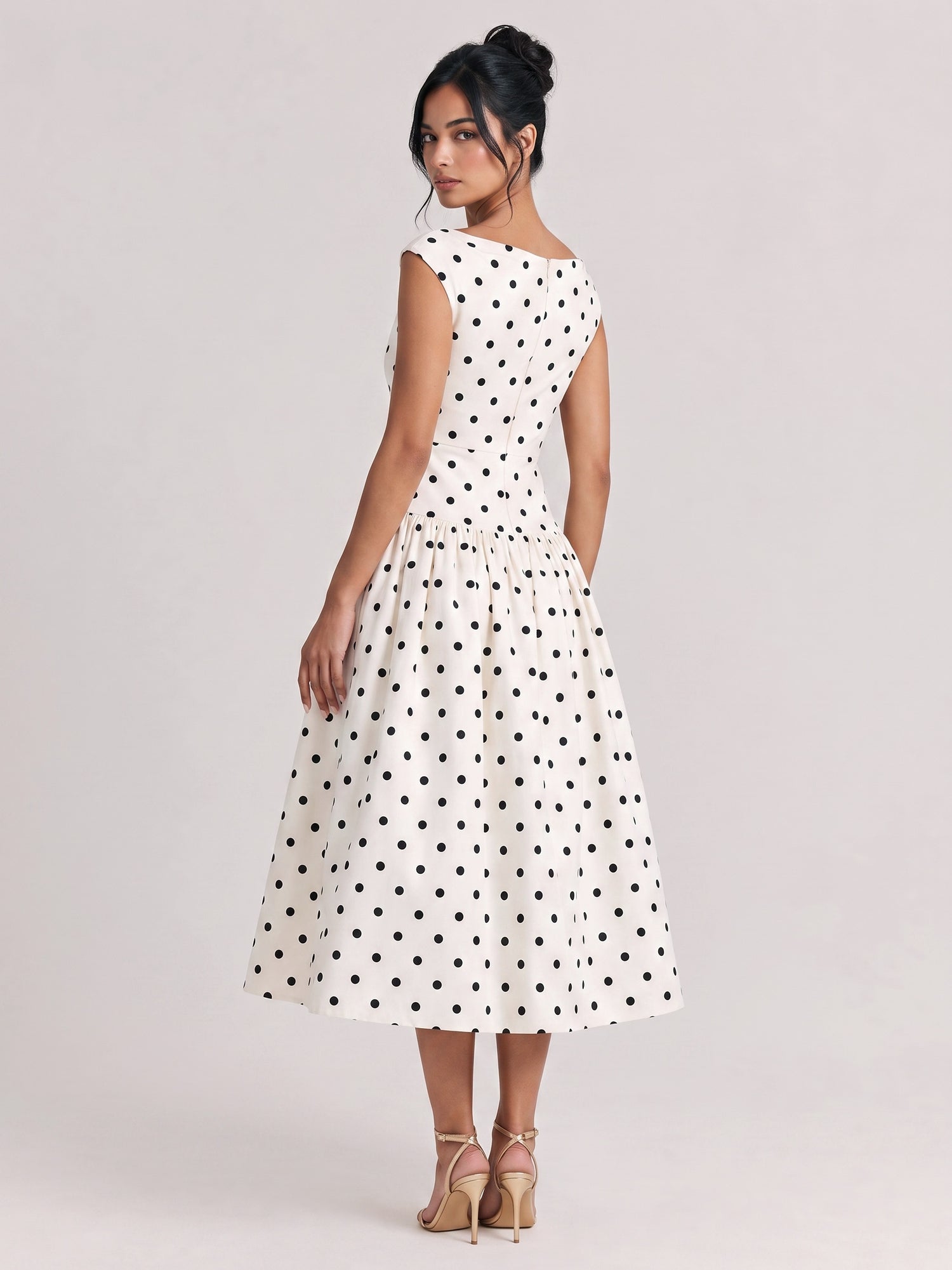 French Vintage Polo-Dot V-Neck Large Swing Dress