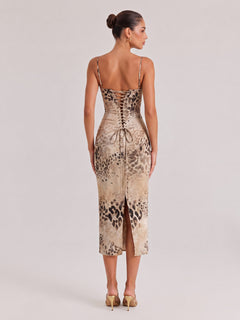 Vintage Leopard-Print Satin Fine Strap Steel Bra Tight-Waist Slim-Fit Mid-Length Dress