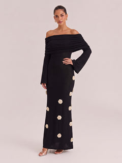 Black Off-shoulder Pleated Long Sleeve Three-dimensional White Flower Slim Fishtail Long Dress