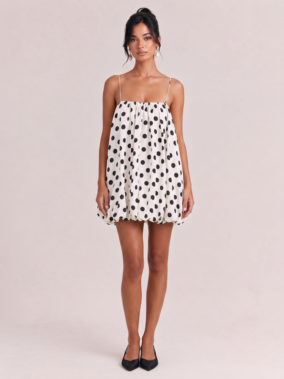 White Black Wave Dot Thin Strap Loose Bud Short Dress