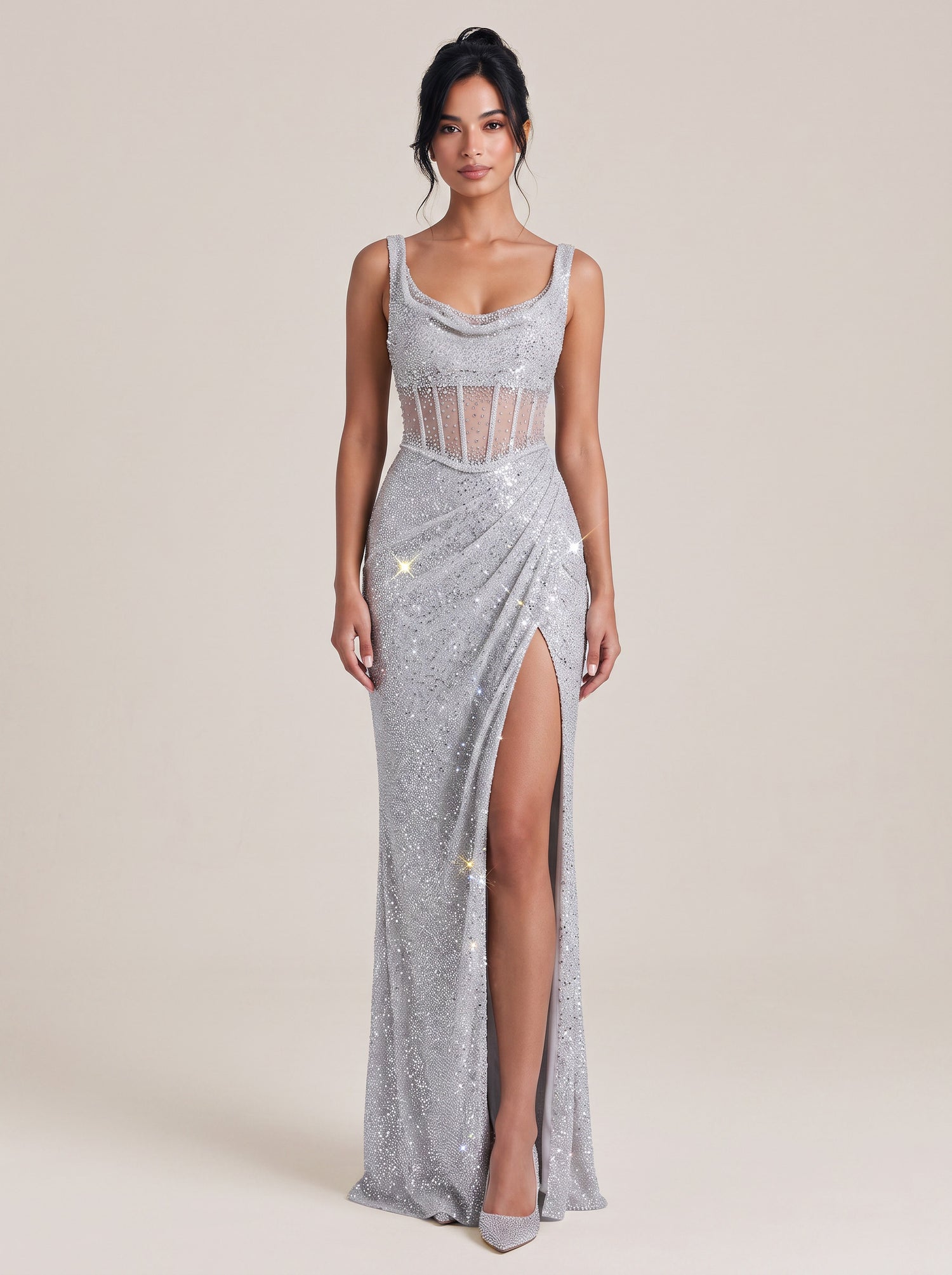 Silver Fine Strap Full Diamond Perspective Fishbone Waist High Split Fishtail Evening Dress