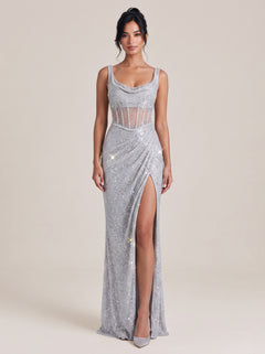 Silver Fine Strap Full Diamond Perspective Fishbone Waist High Split Fishtail Evening Dress