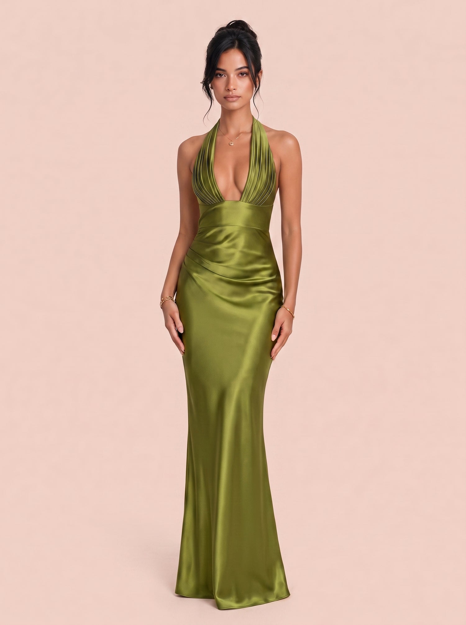 Deep V-Neck Pleated Satin Fishtail Long Evening Gown