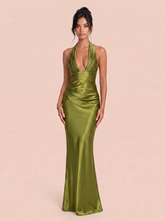 Deep V-Neck Pleated Satin Fishtail Long Evening Gown