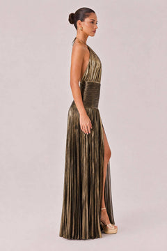 Elegant Metallic Pleated Halter Neck Maxi Dress