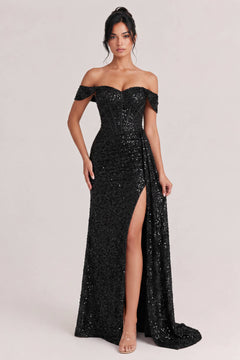 Off-Shoulder Sequin Slit Maxi Dress