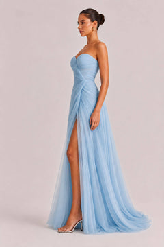 Elegant Strapless Pleated Tulle Maxi Dress