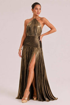 Elegant Metallic Pleated Halter Neck Maxi Dress