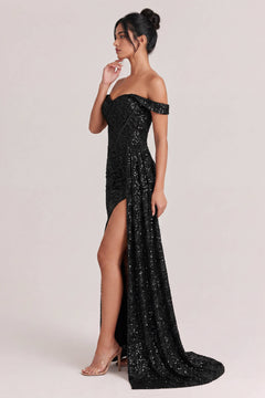Off-Shoulder Sequin Slit Maxi Dress
