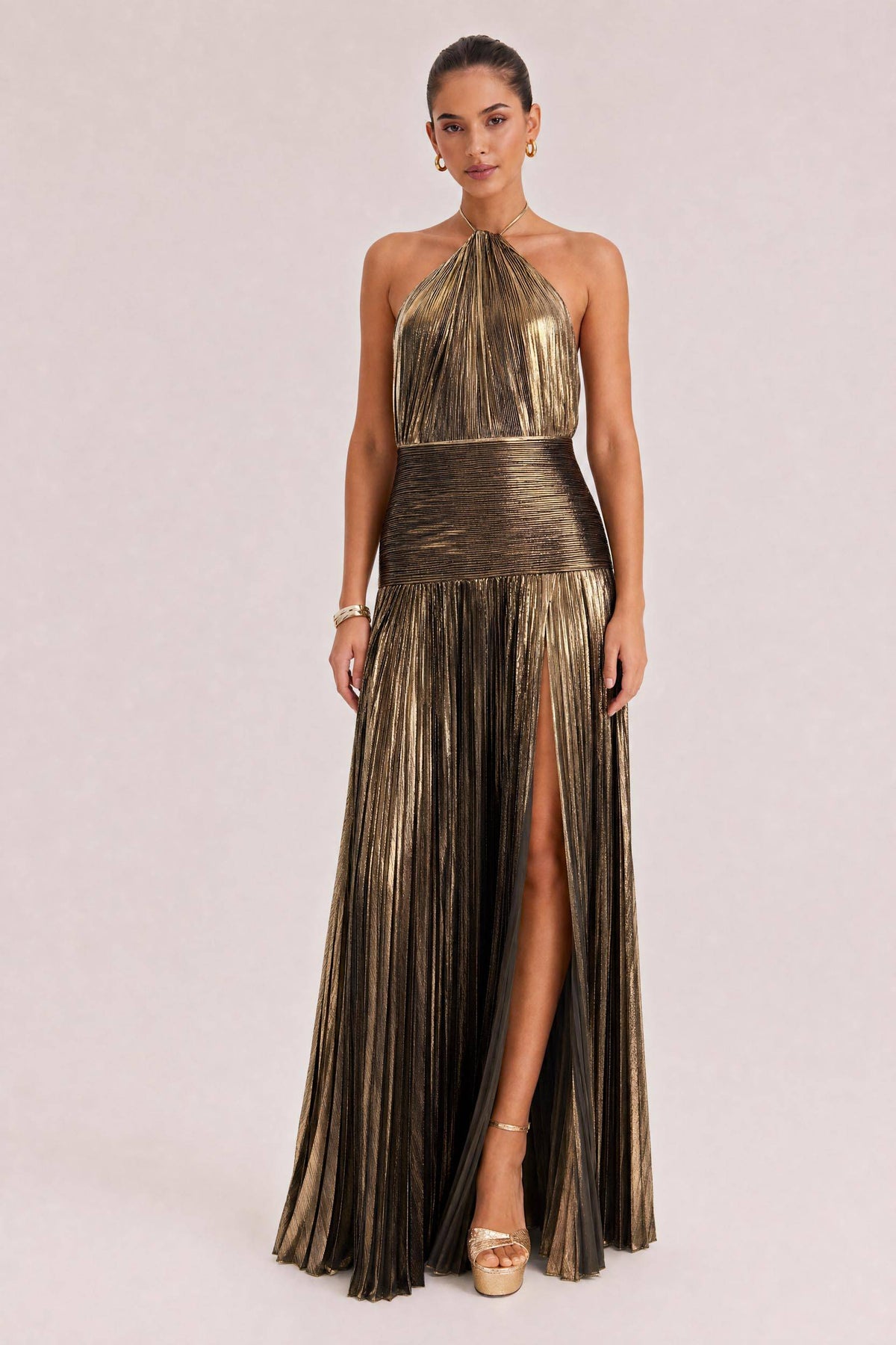 Elegant Metallic Pleated Halter Neck Maxi Dress