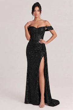 Off-Shoulder Sequin Slit Maxi Dress