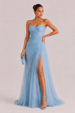 Elegant Strapless Pleated Tulle Maxi Dress