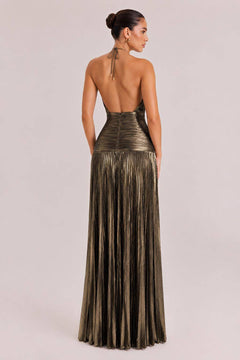 Elegant Metallic Pleated Halter Neck Maxi Dress