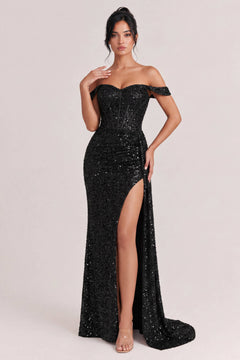 Off-Shoulder Sequin Slit Maxi Dress