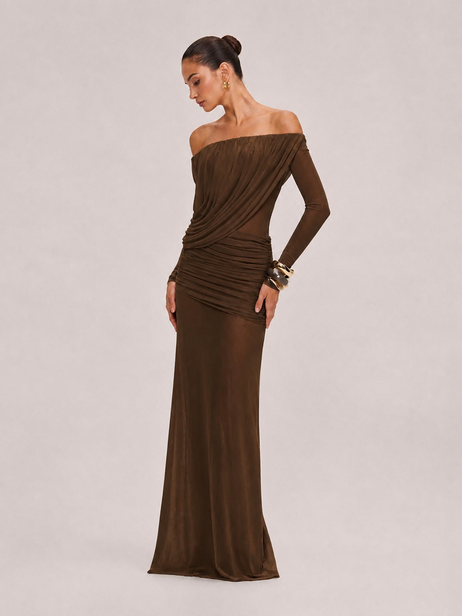 French Vintage Pleated Mesh One-Shoulder Dress