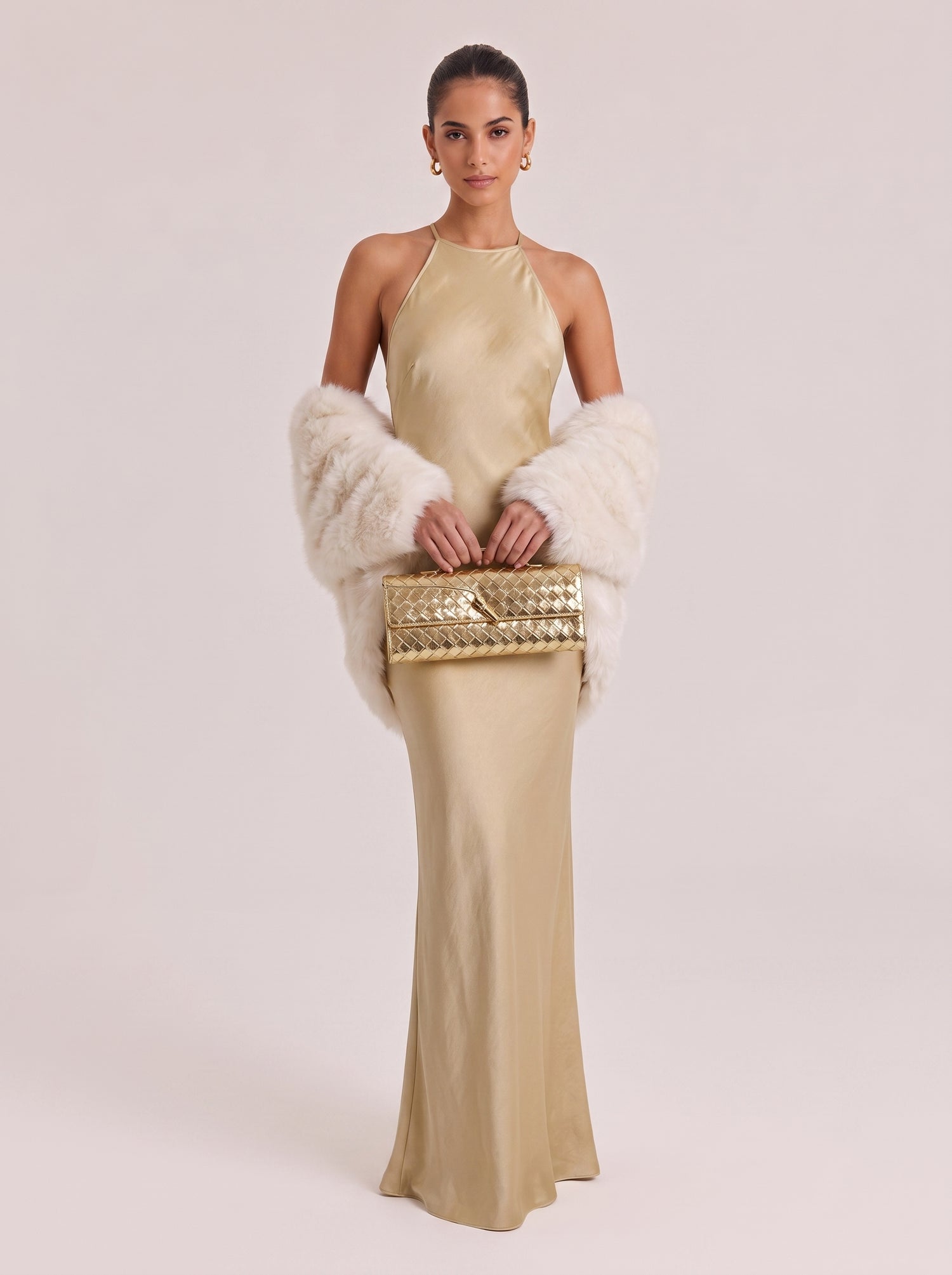Champagne Gold Halter Neck Maxi Dress With Geometric Chain Back - Luxe Satin Evening Gown