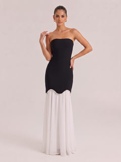 Elegant Black & White Strapless Mermaid Gown With Pearl Trim & Sheer Skirt