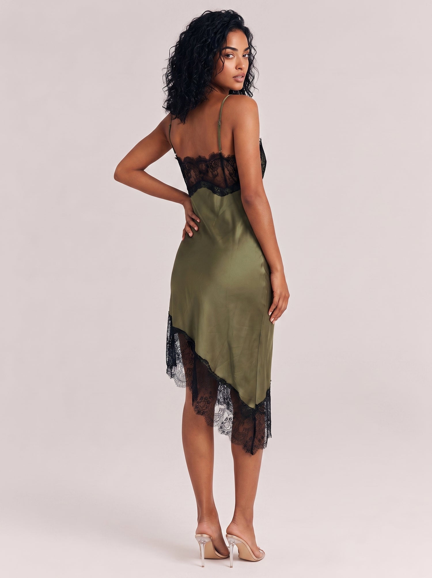 Chic Olive Green Satin Slip Dress With Black Lace Asymmetric Hem
