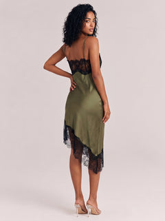 Chic Olive Green Satin Slip Dress With Black Lace Asymmetric Hem