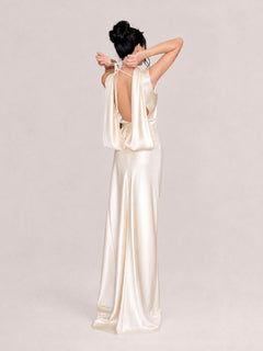 Matte Satin High-Neck Halter Backless Maxi Dress With Crisscross Straps