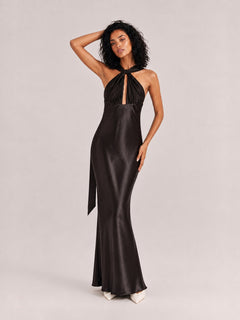 Lustrous Satin Halter Twist Neck Maxi Dress With Side Slit