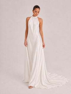 Minimalist Silk-Feel Halter Neck Backless Maxi Dress With Draped Train