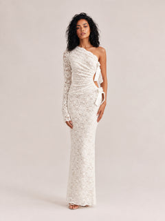 White Lace Shoulder Long Sleeve Cut-out Waist Bow Pleated Fishtail Dress
