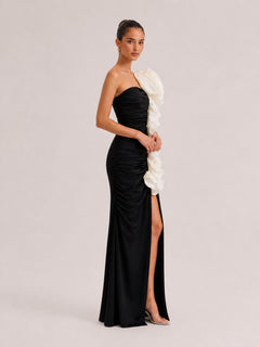Black Strapless Pleated Stereo White Rose Ruffled High Split Long Dress