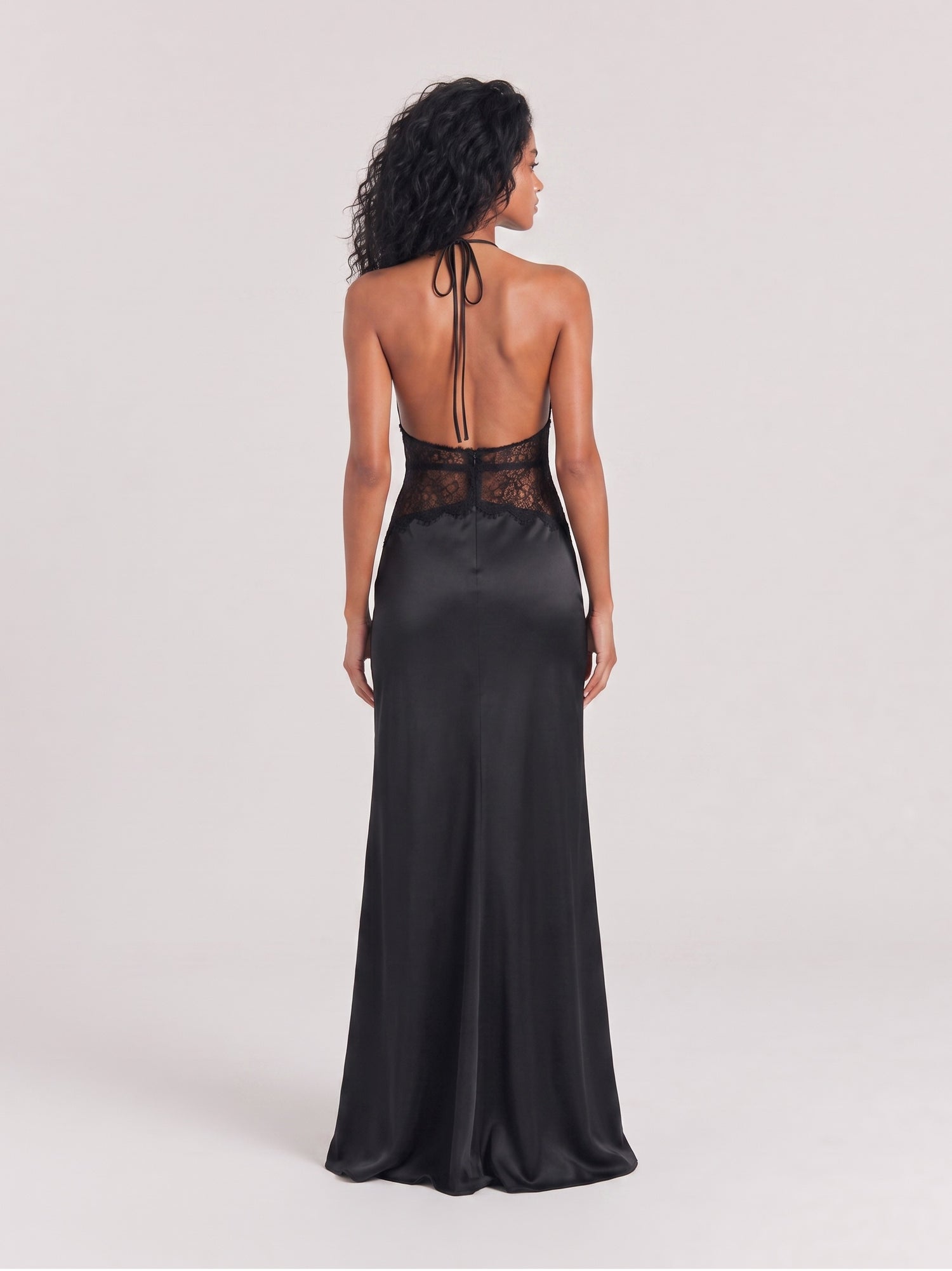 Satin Neck Deep V Black Lace Waist Stitching Slim-fit Long Dress