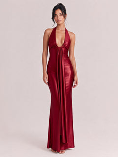 Deep V-Neck Pleated Satin Slim-Fit Fishtail Long Dress