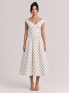 French Vintage Polo-Dot V-Neck Large Swing Dress