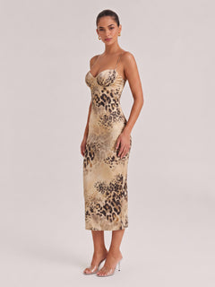 Vintage Leopard-Print Satin Fine Strap Steel Bra Tight-Waist Slim-Fit Mid-Length Dress